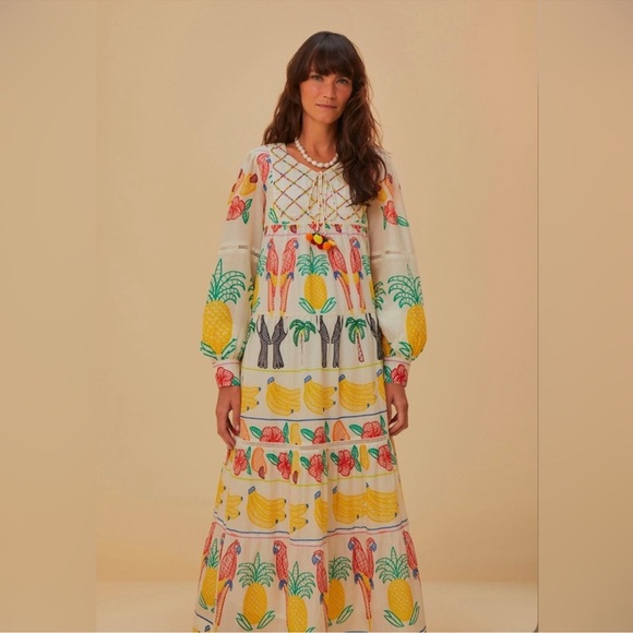 Farm Rio Off-White Tropicolors Yoke Embroidered Midi Dress size Small NWT fruit - Picture 2 of 12